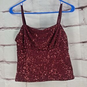 No Boundaries Cami Sequin Top Size Small Red Burgandy Holiday Sparkly Crop Sexy